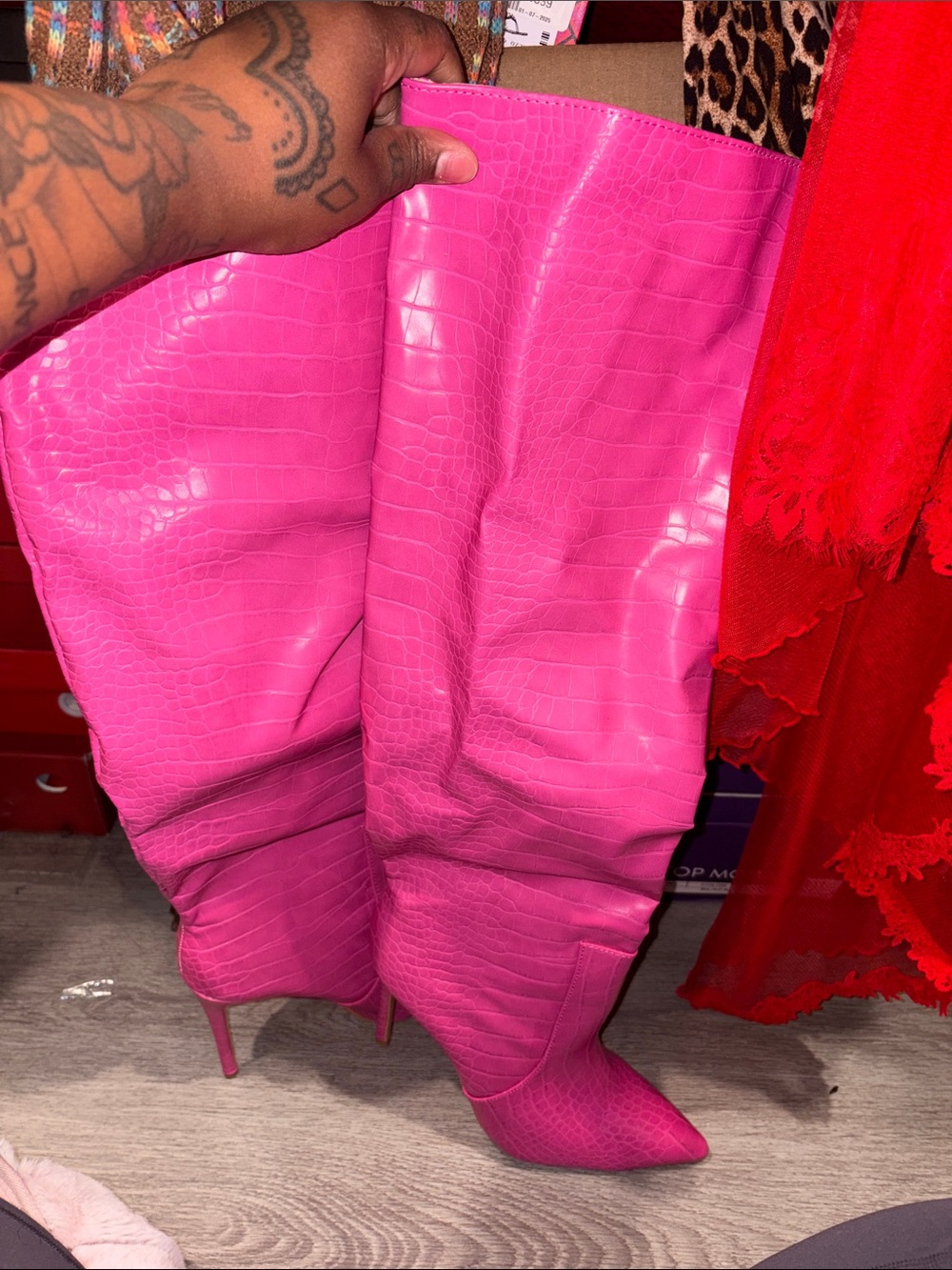 Source Unknown Hot Pink Faux-Croc Over-the-Knee Stiletto Boots
